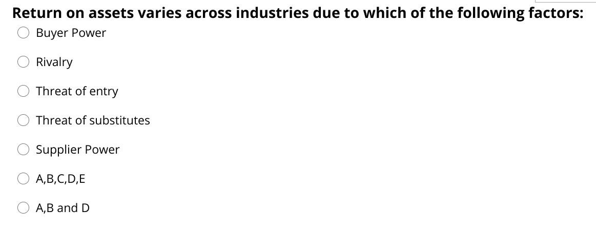 Return on assets varies across industries due to which of the following factors:
Buyer Power
Rivalry
Threat of entry
Threat of substitutes
Supplier Power
A,B,C,D,E
A,B and D
