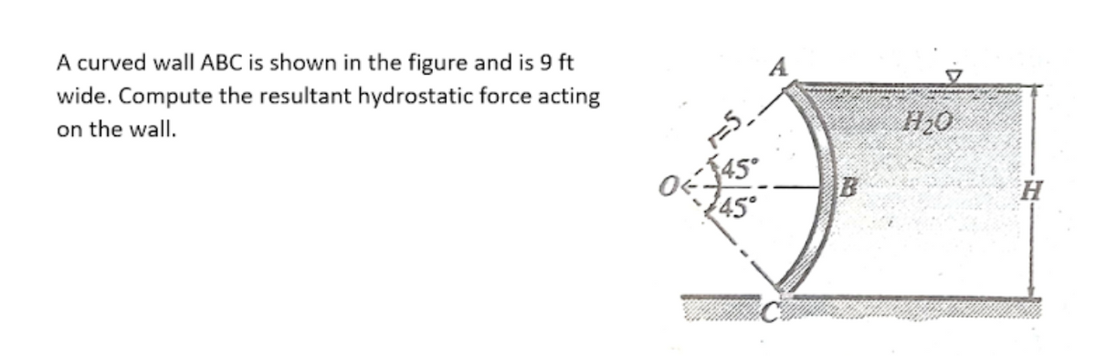 A curved wall ABC is shown in the figure and is 9 ft
wide. Compute the resultant hydrostatic force acting
on the wall.
A
r=5_.
45°
45°
H20
H.
