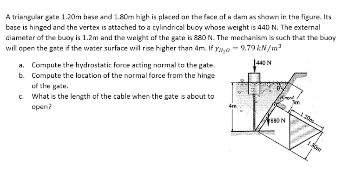 A triangular gate 1.20m base and 1.80m high is placed on the face of a dam as shown in the figure. Its
base is hinged and the vertex is attached to a cylindrical buoy whose weight is 440 N. The external
diameter of the buoy is 1.2m and the weight of the gate is 880 N. The mechanism is such that the buoy
will open the gate if the water surface will rise higher than 4m. If YH,0 = 9.79 kN/m³
%3D
1440 N
a. Compute the hydrostatic force acting normal to the gate.
b. Compute the location of the normal force from the hinge
of the gate.
Hinged
3m
c. What is the length of the cable when the gate is about to
open?
4m
-1.20m
880 N
1.80m
