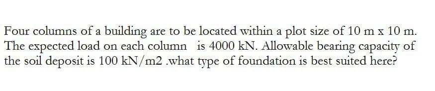 Four columns of a building are to be located within a plot size of 10 m x 10 m.
The expected load on each column is 4000 kN. Allowable bearing capacity of
the soil deposit is 100 kN/m2 .what type of foundation is best suited here?