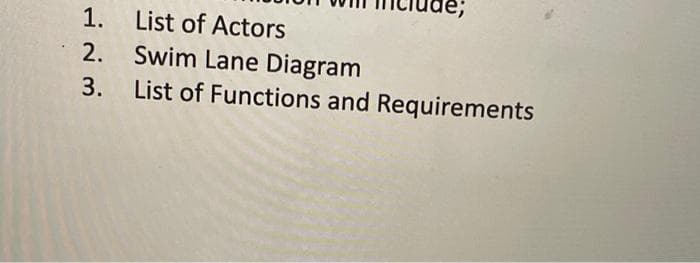 1. List of Actors
2. Swim Lane Diagram
3. List of Functions and Requirements
