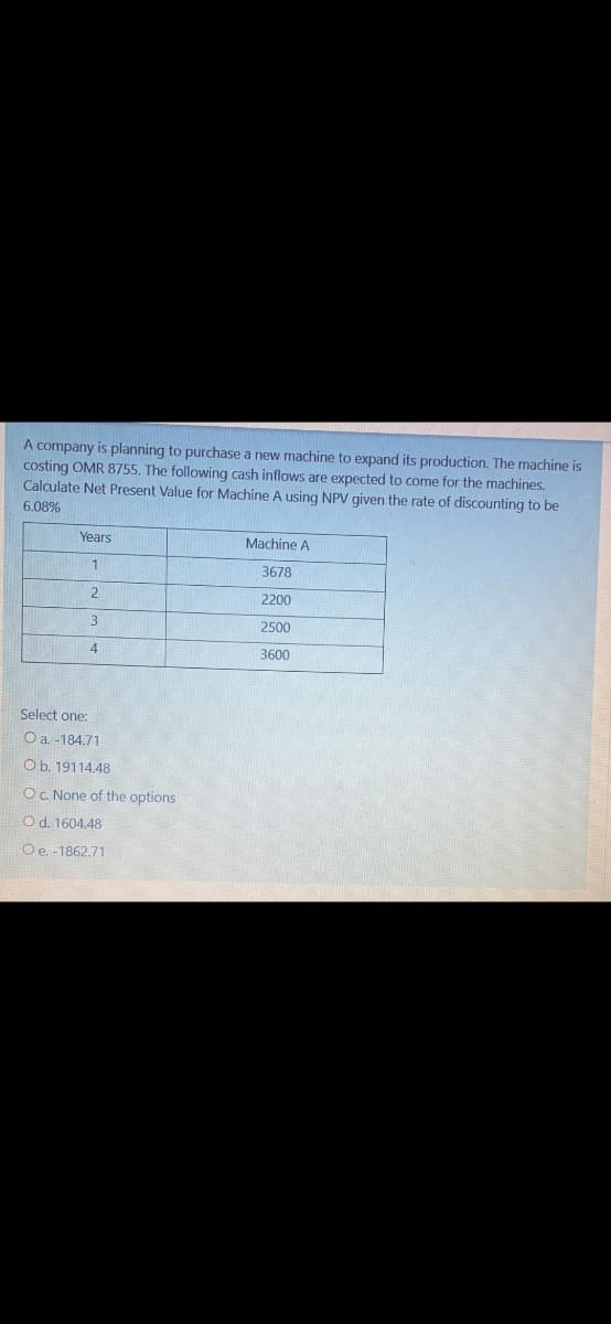 A company is planning to purchase a new machine to expand its production. The machine is
costing OMR 8755. The following cash inflows are expected to come for the machines.
Calculate Net Present Value for Machine A using NPV given the rate of discounting to be
6.08%
Years
Machine A
3678
2
2200
3
2500
4.
3600
Select one:
O a. -184.71
Ob. 19114.48
OC None of the options
Od. 1604.48
Oe. -1862.71
