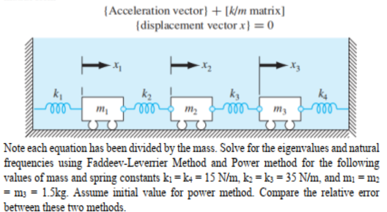 {Acceleration vector} + [k/m matrix]
{displacement vector x} = 0
ll
ll
m2
ll
m3
ll
Note each equation has been divided by the mass. Solve for the eigenvalues and natural
frequencies using Faddeev-Levenrier Method and Power method for the following
values of mass and spring constants k1 =k4 = 15 N/m, k2 =k3 = 35 N/m, and mı = m2
= m3 = 1.5kg. Assume initial value for power method. Compare the relative error
between these two methods.
