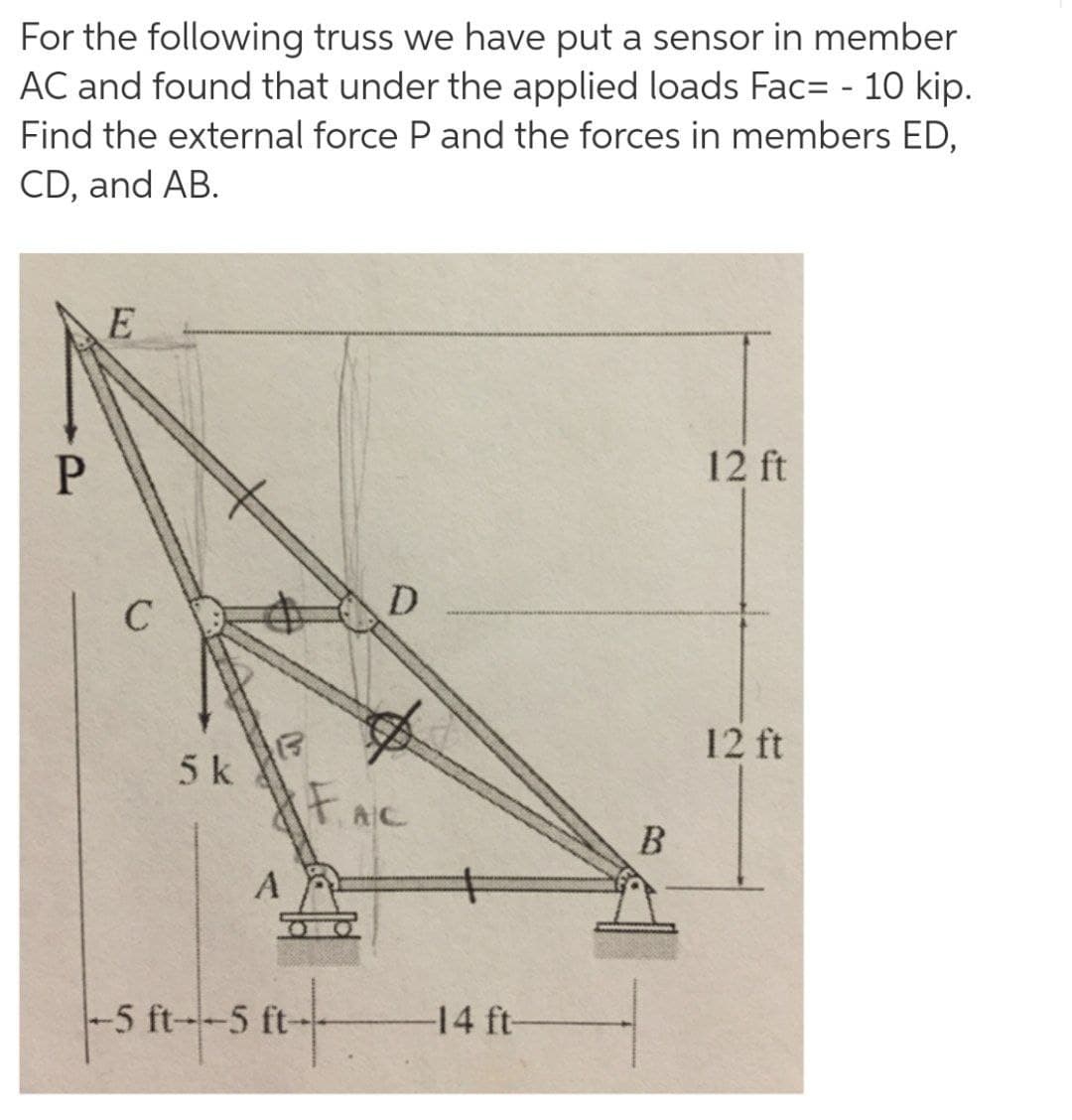 For the following truss we have put a sensor in member
AC and found that under the applied loads Fac= - 10 kip.
Find the external force P and the forces in members ED,
CD, and AB.
12 ft
D
12 ft
5 k
FAIC
B
A
-5 ft--5 ft-
14 ft-
