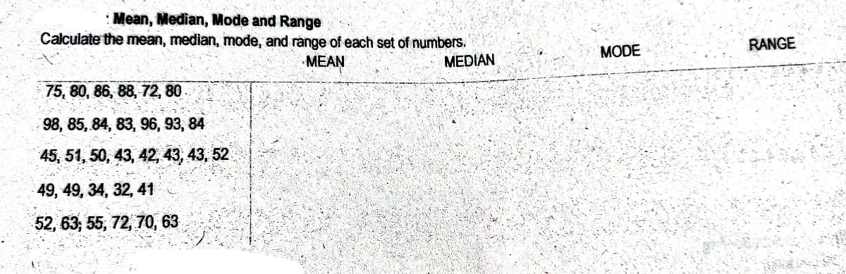 :Mean, Median, Mode and Range
Calculate the mean, median, mode, and range of each set of numbers.
RANGE
MODE
MEAN
MEDIAN
75, 80, 86, 88, 72, 80
98, 85, 84, 83, 96, 93, 84
45, 51, 50, 43, 42, 43, 43, 52
49, 49, 34, 32, 41
52, 63; 55, 72, 70, 63
