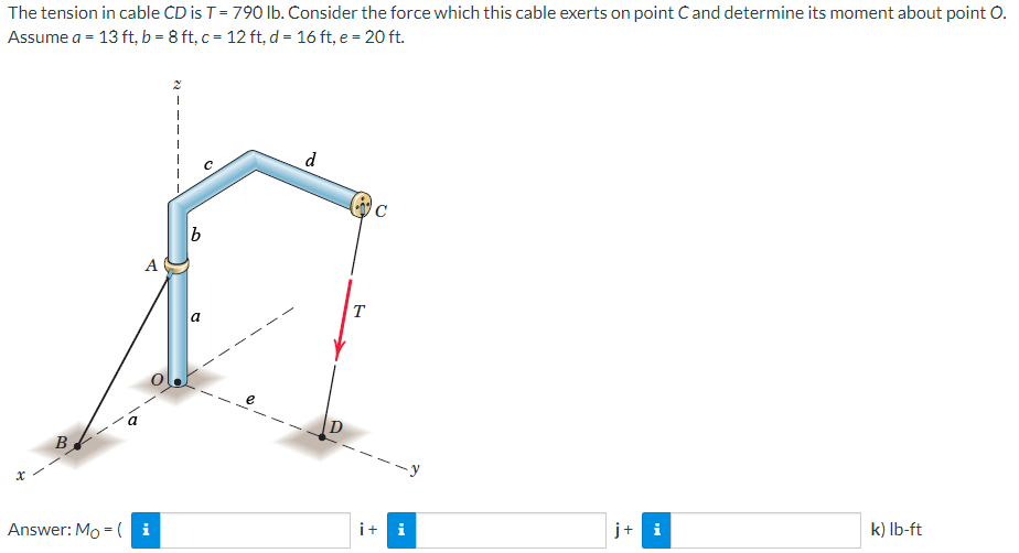 The tension in cable CD is T = 790 lb. Consider the force which this cable exerts on point C and determine its moment about point O.
Assume a = 13 ft, b = 8 ft, c = 12 ft, d = 16 ft, e = 20 ft.
x
A
Answer: Mo (i
|
b
a
d
D
T
C
i
j+ i
k) lb-ft