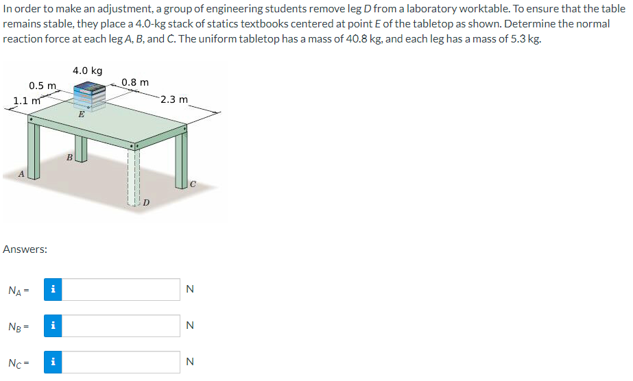 In order to make an adjustment, a group of engineering students remove leg D from a laboratory worktable. To ensure that the table
remains stable, they place a 4.0-kg stack of statics textbooks centered at point E of the tabletop as shown. Determine the normal
reaction force at each leg A, B, and C. The uniform tabletop has a mass of 40.8 kg, and each leg has a mass of 5.3 kg.
1.1 m
A
0.5 m
Answers:
NA =
NB =
Nc=
i
i
i
4.0 kg
B
E
0.8 m
2.3 m
N
N
N