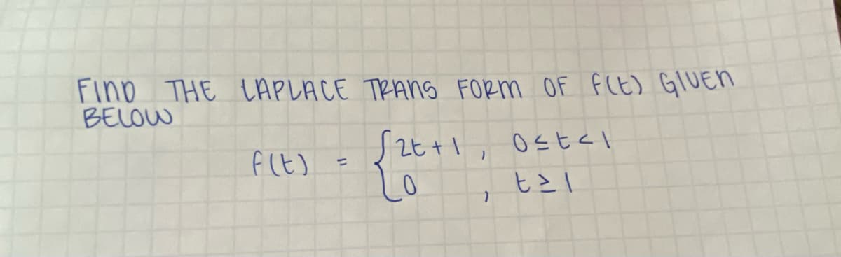 FIND THE LAPLACE TRANS FORM OF F(E) GIVEN
BELOW
f(t)
=
{26+1, 621
√2t+1
0≤t≤1