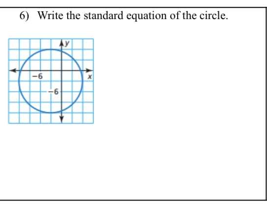 **Problem 6) Write the standard equation of the circle.**

**Explanation:**
The diagram presents a circle centered at the origin (0, 0) on a coordinate plane. The radius of the circle is 6 units. The grid helps visualize and confirm this measurement, as the circle intersects the x-axis and y-axis at the points (6, 0), (-6, 0), (0, 6), and (0, -6).

### Solution:
The standard equation of a circle centered at the origin (h, k) with radius r is given by:

\[
(x - h)^2 + (y - k)^2 = r^2
\]

Since the center of the circle is at the origin (0, 0), h and k are both 0. The radius r is 6.

Substituting these values into the standard equation, we get:

\[
(x - 0)^2 + (y - 0)^2 = 6^2
\]

Simplifying, this becomes:

\[
x^2 + y^2 = 36
\]

**Therefore, the standard equation of the circle is:**

\[
x^2 + y^2 = 36
\]