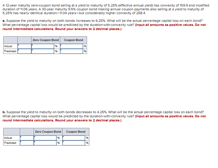 A 12-year maturity zero-coupon bond selling at a yield to maturity of 5.25% (effective annual yield) has convexity of 159.9 and modified
duration of 11.06 years. A 30-year maturity 9.5% coupon bond making annual coupon payments also selling at a yield to maturity of
5.25% has nearly identical duration-11.04 years-but considerably higher convexity of 258.4.
a. Suppose the yield to maturity on both bonds increases to 6.25 %. What will be the actual percentage capital loss on each bond?
What percentage capital loss would be predicted by the duration-with-convexity rule? (Input all amounts as positive values. Do not
round Intermediate calculations. Round your answers to 2 decimal places.)
Actual
Predicted
Zero Coupon Bond
Coupon Bond
%
%
%
b. Suppose the yield to maturity on both bonds decreases to 4.25%. What will be the actual percentage capital loss on each bond?
What percentage capital loss would be predicted by the duration-with-convexity rule? (Input all amounts as positive values. Do not
round Intermediate calculations. Round your answers to 2 decimal places.)
Actual
Predicted
Zero Coupon Bond
Coupon Bond
96
%
%