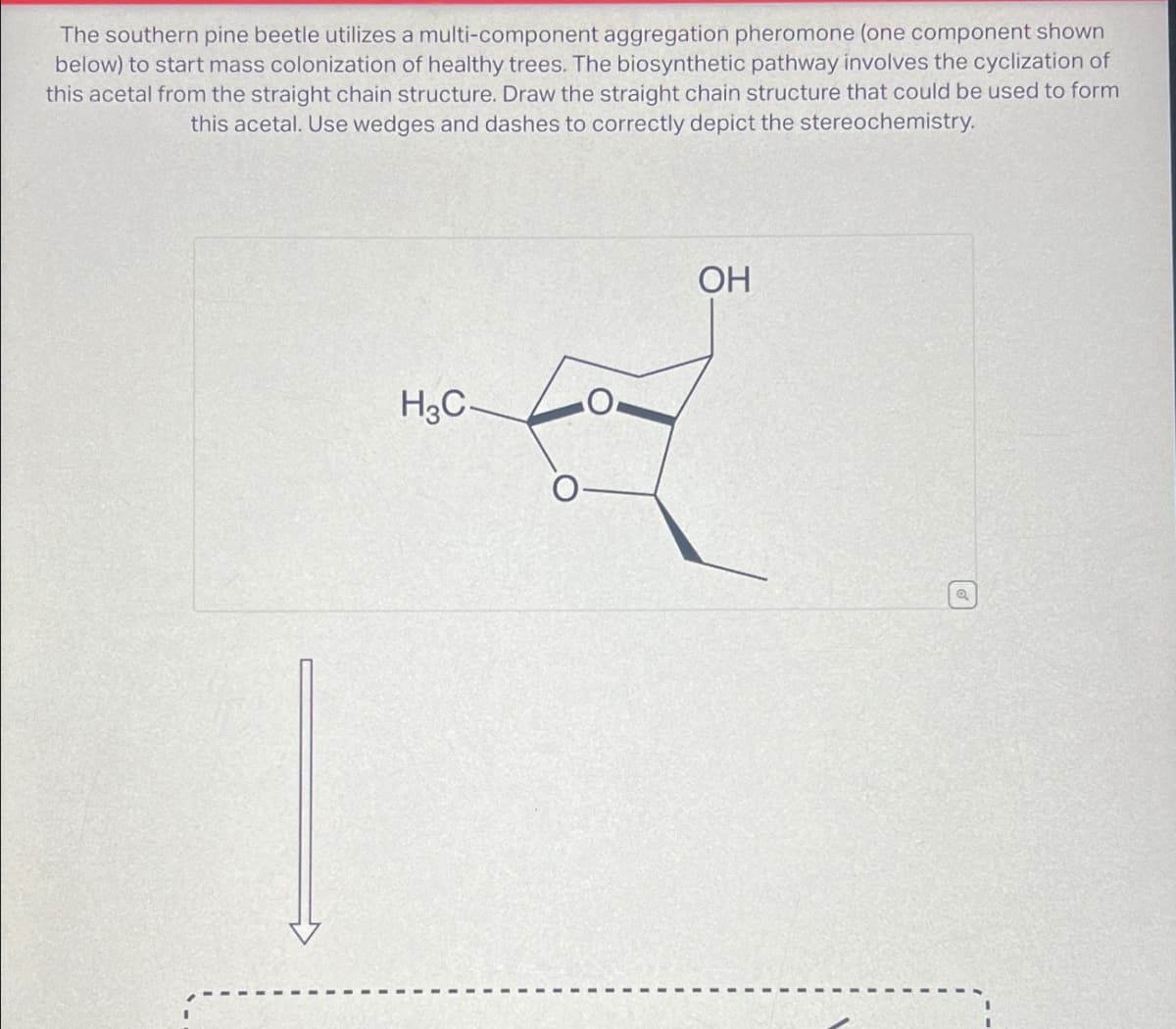 The southern pine beetle utilizes a multi-component aggregation pheromone (one component shown
below) to start mass colonization of healthy trees. The biosynthetic pathway involves the cyclization of
this acetal from the straight chain structure. Draw the straight chain structure that could be used to form
this acetal. Use wedges and dashes to correctly depict the stereochemistry.
HgC
O
OH
a