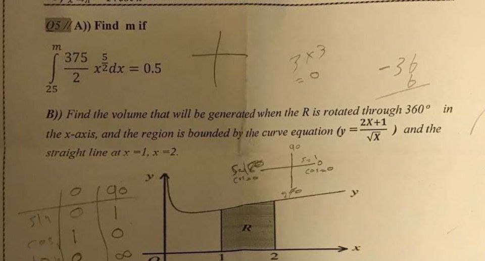 05/A)) Find mif
M72
375
5
vid
+
x2dx = 0.5
2
3×3
-36
25
b
B)) Find the volume that will be generated when the R is rotated through 360° in
the x-axis, and the region is bounded by the curve equation (y
2X+1
) and the
straight line at x =1, x =2.
√x
qo
Sulges
(0120
Chao
R
sln
ces 1
8
2