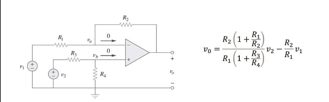 R2
R1
R2 (1+
R2.
R3
R, (1+
R2
V1
R1
R
Va
vo
R4
+
R3
+
R4
v2
