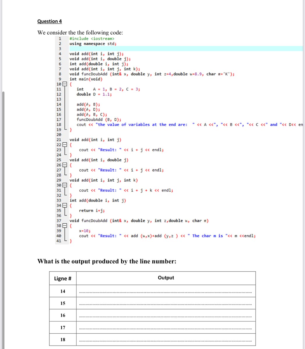 Question 4
We consider the the following code:
#include <iostream>
using namespace std;
void add(int i, int j);
void add(int i, double j);
int add(double i, int j);
void add(int i, int j, int k);
void funcDoubAdd (int& x, double y, int z=4, double w=8.9, char m='K');
int main(void)
10 E {
4
6.
7
11
int
А - 1, в - 2, с - 3;
12
double D = 1.1;
13
add(A, B);
add(A, D);
add(A, B, C);
funcDoubAdd (B, D);
14
15
16
17
18
cout <« "the value of variables at the end are:
" « A «", "« B «", "<« C «" and "« D<« en
19
}
20
void add(int i, int j)
22 E {
21
cout « "Result: " <« i +j« endl;
}
void add(int i, double j)
{
cout « "Result: " « i +j« endl;
23
24
25
26
27
28
void add(int i, int j, int k)
{
cout <« "Result: " <« i +j + k « endl;
}
int add(double i, int j)
34 E {
29
30
31
32
33
return i+j;
}
void funcDoubAdd (int& x, double y, int z, double w, char m)
{
x=10;
cout « "Result: " « add (w,x)+add (y,z ) « " The char m is "<< m «endl;
}
35
36
37
38
39
40
41
What is the output produced by the line number:
Ligne #
Output
14
15
16
17
18
O- O P P P
