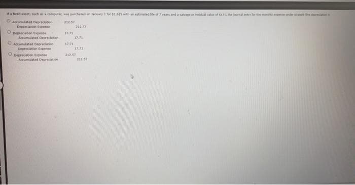 a fired aseet, uch ata computer, was purchaed un lanuary 1 for $1.419 wth an estimaned e aand a salvage or reiduv S11. e ouma ry tur the mat egenunder ti d
OAcomlated Depredation
Depredation Epene
212.57
212.57
Depredation Expense
Accumulated Depreciation
1721
O Aocumulated Depredation
17.71
Deprecianion Expense
17.71
O Depredation Epense
212.57
Accumulatad Depredation
212.5
