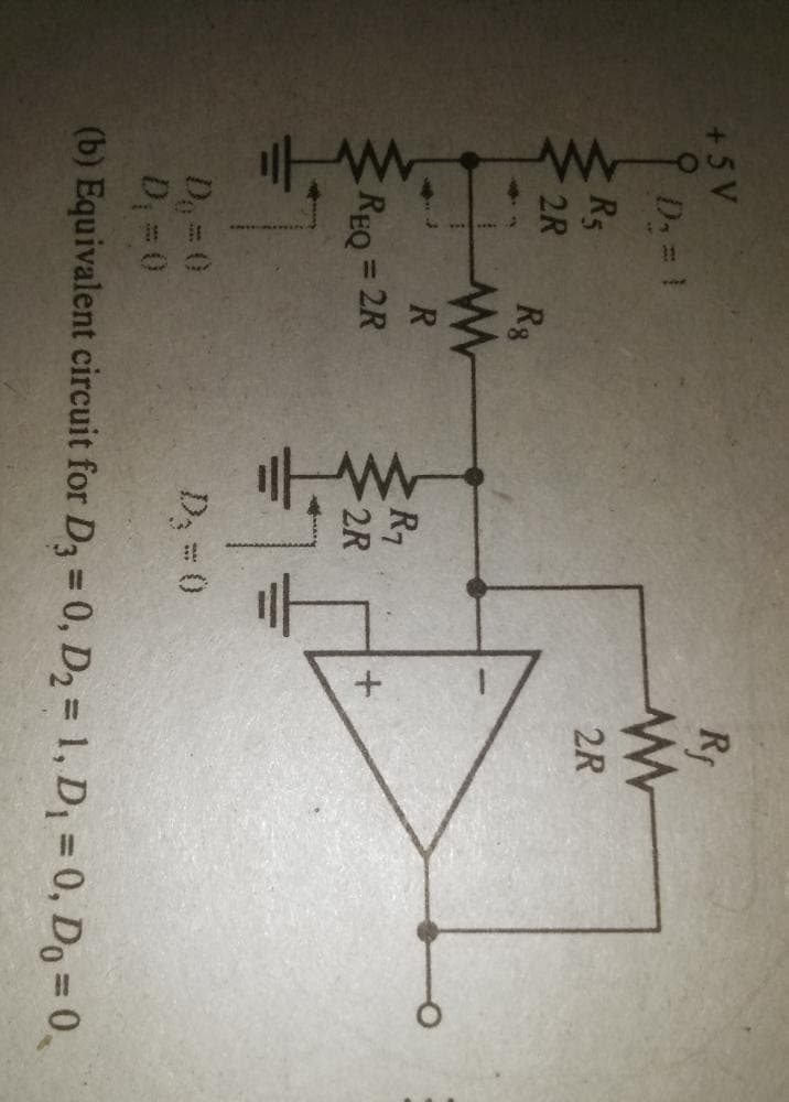 +.
+5V
Rf
D.= 1
R5
2R
2R
Rg
R.
REQ = 2R
%3D
2R
Da 0
D = 0
(b) Equivalent circuit for D3 = 0, D2 = 1, D = 0, Do = 0
