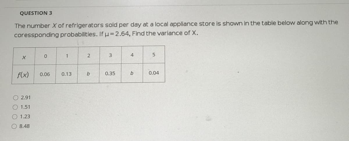 QUESTION 3
The number X of refrigerators sold per day at a local appliance store is shown in the table below along with the
coressponding probabilities. If u=2.64, Find the variance of X.
1
2
3
4
f(x)
0.35
b
0.04
0.06
0.13
b
2.91
1.51
1.23
8.48
