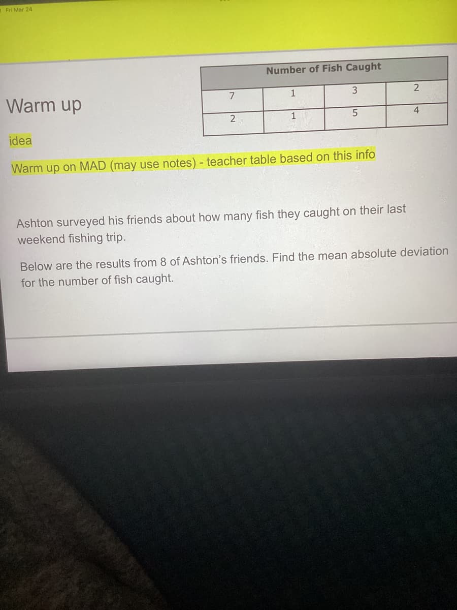 Fri Mar 24
Warm up
idea
7
2
Number of Fish Caught
1
1
3
5
Warm up on MAD (may use notes) - teacher table based on this info
Ashton surveyed his friends about how many fish they caught on their last
weekend fishing trip.
2
4
Below are the results from 8 of Ashton's friends. Find the mean absolute deviation
for the number of fish caught.