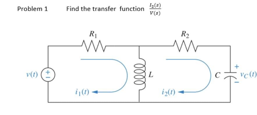 Problem 1
v(t)
(+1
Find the transfer function
R₁
i₁(t)
elle
1₂ (s)
V(s)
L
iz(t)
R₂
M
+
vc (t)