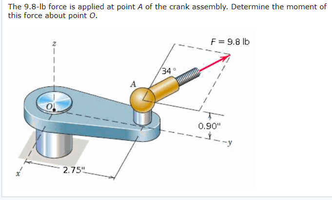 The 9.8-lb force is applied at point A of the crank assembly. Determine the moment of
this force about point 0.
F = 9.8 lb
34
A
0.90"
-y
2.75"
