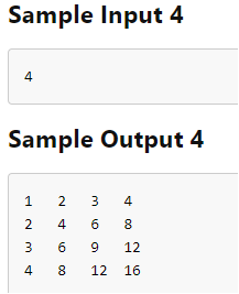 Sample Input 4
4
Sample Output 4
1
2
3
4
4
8
3
9
12
4
8
12
16
