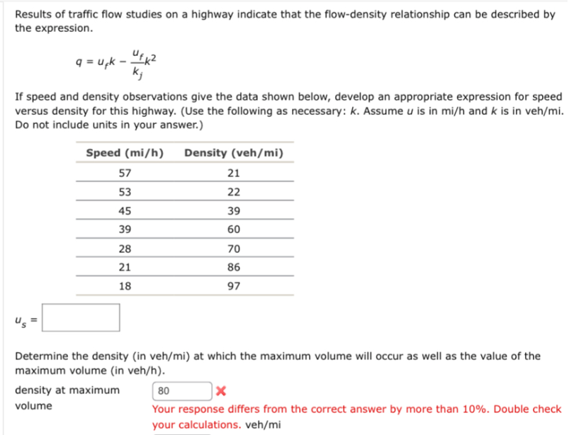 Results of traffic flow studies on a highway indicate that the flow-density relationship can be described by
the expression.
Us
q=uck -
If speed and density observations give the data shown below, develop an appropriate expression for speed
versus density for this highway. (Use the following as necessary: k. Assume u is in mi/h and k is in veh/mi.
Do not include units in your answer.)
Speed (mi/h) Density (veh/mi)
11
ufk²
kj
57
53
45
39
28
21
18
density at maximum
volume
21
22
39
60
70
86
97
Determine the density (in veh/mi) at which the maximum volume will occur as well as the value of the
maximum volume (in veh/h).
80
X
Your response differs from the correct answer by more than 10%. Double check
your calculations. veh/mi