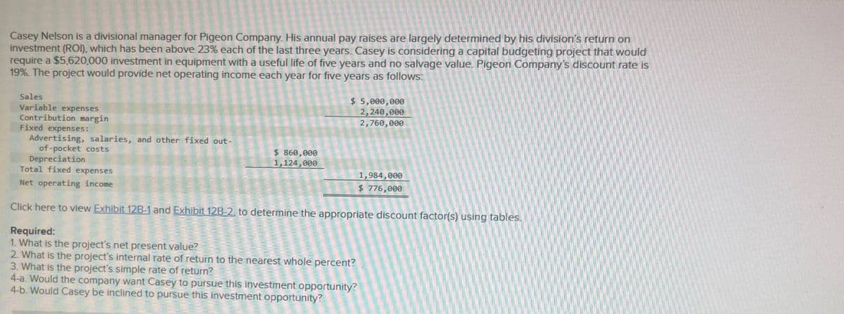 Casey Nelson is a divisional manager for Pigeon Company. His annual pay raises are largely determined by his division's return on
investment (ROI), which has been above 23% each of the last three years. Casey is considering a capital budgeting project that would
require a $5,620,000 investment in equipment with a useful life of five years and no salvage value. Pigeon Company's discount rate is
19%. The project would provide net operating income each year for five years as follows:
Sales
Variable expenses
Contribution margin
Fixed expenses:
of-pocket costs
Depreciation
$ 5,000,000
2,240,000
2,760,000
Advertising, salaries, and other fixed out-
$ 860,000
1,124,000
1,984,000
$ 776,000
Total fixed expenses
Net operating income
Click here to view Exhibit 12B-1 and Exhibit 128-2, to determine the appropriate discount factor(s) using tables.
Required:
1. What is the project's net present value?
2. What is the project's internal rate of return to the nearest whole percent?
3. What is the project's simple rate of return?
4-a. Would the company want Casey to pursue this investment opportunity?
4-b. Would Casey be inclined to pursue this investment opportunity?