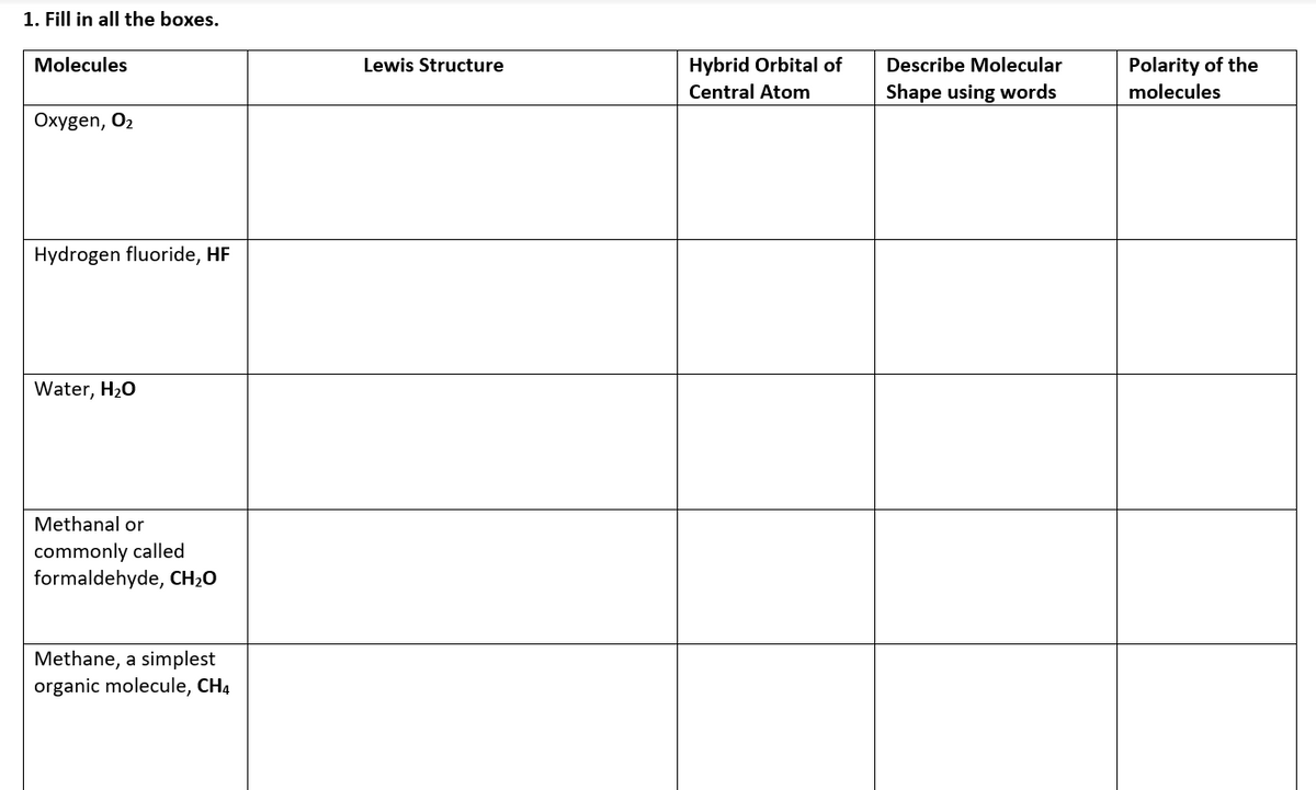 1. Fill in all the boxes.
Polarity of the
molecules
Molecules
Lewis Structure
Hybrid Orbital of
Describe Molecular
Central Atom
Shape using words
Oxygen, O2
Hydrogen fluoride, HF
Water, H20
Methanal or
commonly called
formaldehyde, CH20
Methane, a simplest
organic molecule, CH4
