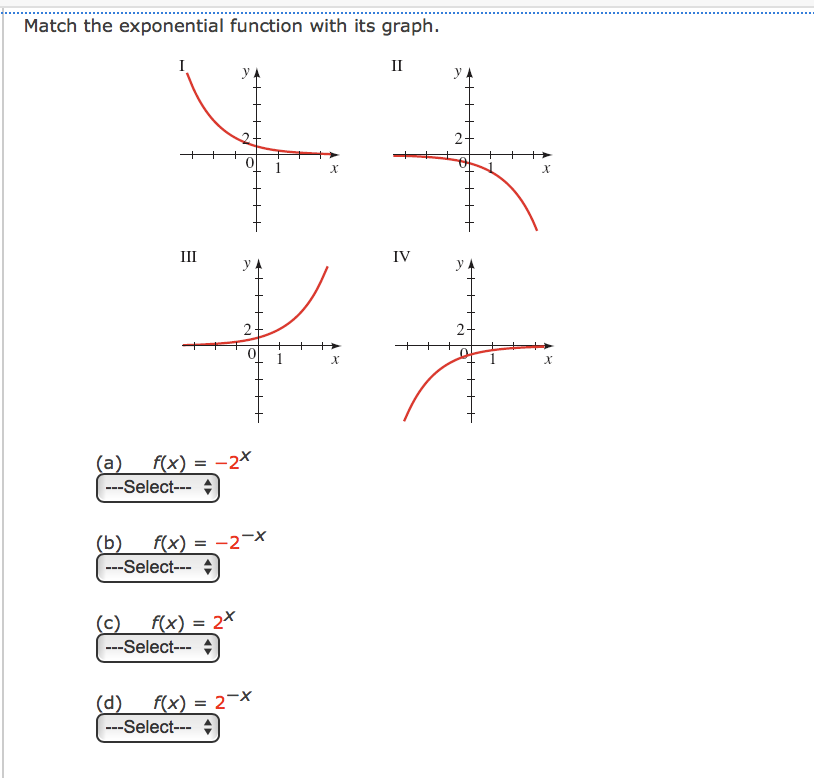 ### Match the Exponential Function with its Graph

Below are four exponential functions and their corresponding graphs. Match each function with the correct graph.

#### Graphs:
**Graph I:**
- The graph shows a decreasing curve that starts above the x-axis and moves downward to the right, approaching zero but never crossing the x-axis. The curve is in the second quadrant then crosses to the first quadrant.

**Graph II:**
- The graph depicts a decreasing curve that starts above the x-axis and moves downward as it travels right, approaching the x-axis but never crossing it. The curve starts high in the second quadrant and drastically drops.

**Graph III:**
- The graph illustrates an increasing curve that starts near zero (but never touches the x-axis) and moves upwards as it moves to the right. The curve resides in the first quadrant.

**Graph IV:**
- The graph shows a decreasing curve that starts high above the x-axis and moves downward as it travels right, approaching but not touching the x-axis. The graph starts high in the first quadrant and gradually decreases.

#### Functions:
(a) \( f(x) = -2^x \)  
&nbsp;&nbsp;&nbsp;&nbsp;---Select graph--- [I, II, III, IV]

(b) \( f(x) = -2^{-x} \)  
&nbsp;&nbsp;&nbsp;&nbsp;---Select graph--- [I, II, III, IV]

(c) \( f(x) = 2^x \)  
&nbsp;&nbsp;&nbsp;&nbsp;---Select graph--- [I, II, III, IV]

(d) \( f(x) = 2^{-x} \)  
&nbsp;&nbsp;&nbsp;&nbsp;---Select graph--- [I, II, III, IV]


#### Graph Explanations:
- **Graph I:**
  - Represents a decreasing function with negative exponent, flipped vertically.
  
- **Graph II:**
  - Represents a decreasing function of the form \( 2^{-x} \).

- **Graph III:**
  - Represents an increasing function of the form \( 2^x \).

- **Graph IV:**
  - Represents a decreasing function with a positive exponent, flipped horizontally.

Match each function (a, b, c, d) with the appropriate graph (I, II, III, IV) based on the behavior and shape of the curves.