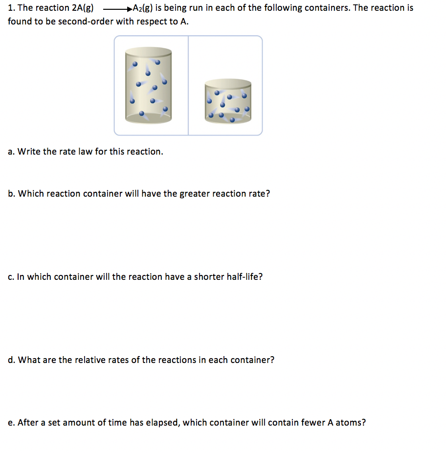 1. The reaction 2A(g)
A2(g) is being run in each of the following containers. The reaction is
found to be second-order with respect to A.
a. Write the rate law for this reaction.
b. Which reaction container will have the greater reaction rate?
c. In which container will the reaction have a shorter half-life?
d. What are the relative rates of the reactions in each container?
e. After a set amount of time has elapsed, which container will contain fewer A atoms?
