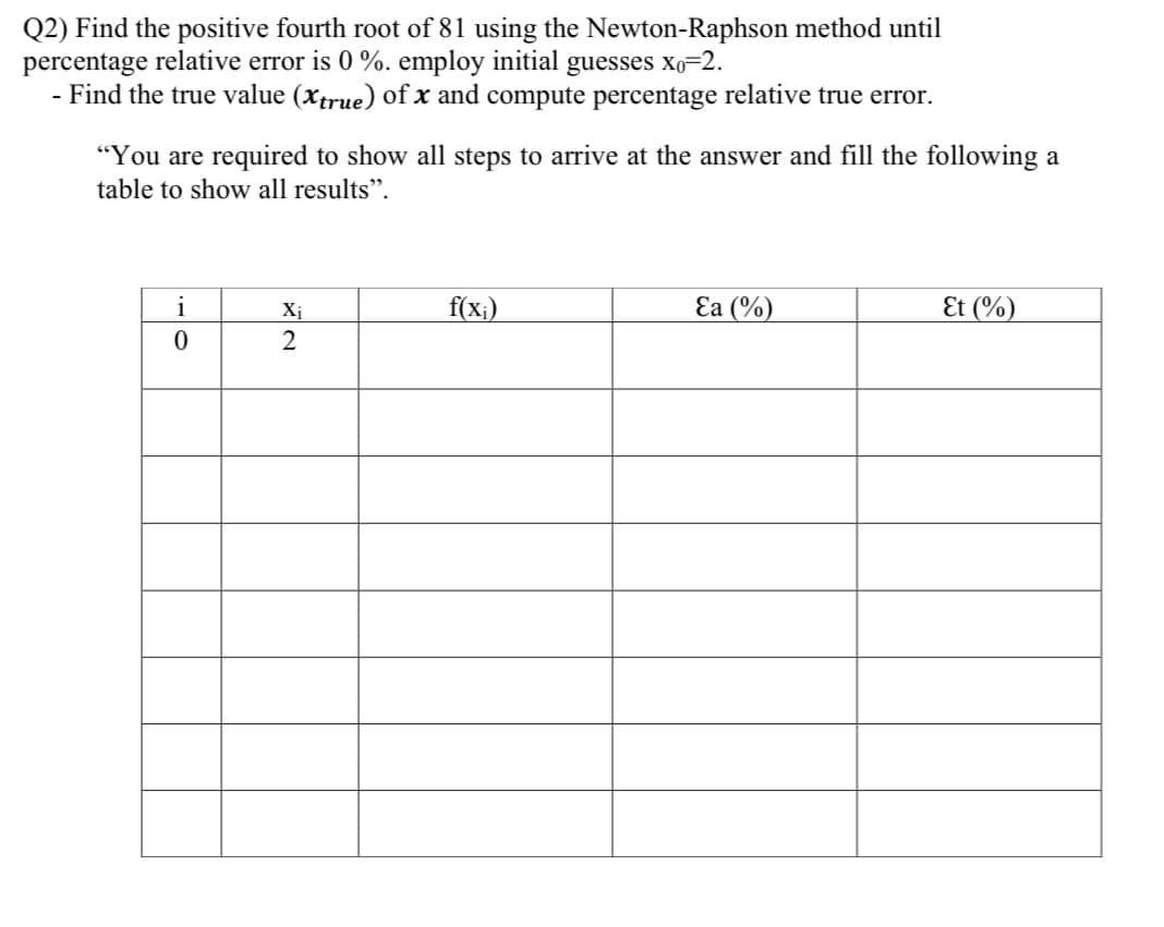 Q2) Find the positive fourth root of 81 using the Newton-Raphson method until
percentage relative error is 0 %. employ initial guesses x₁=2.
- Find the true value (xtrue) of x and compute percentage relative true error.
"You are required to show all steps to arrive at the answer and fill the following a
table to show all results".
0
Xi
2
f(xi)
Ea (%)
Et (%)