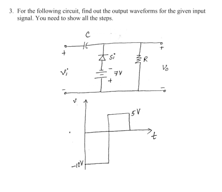 3. For the following circuit, find out the output waveforms for the given input
signal. You need to show all the steps.
si
vi
Vo
+
5V
