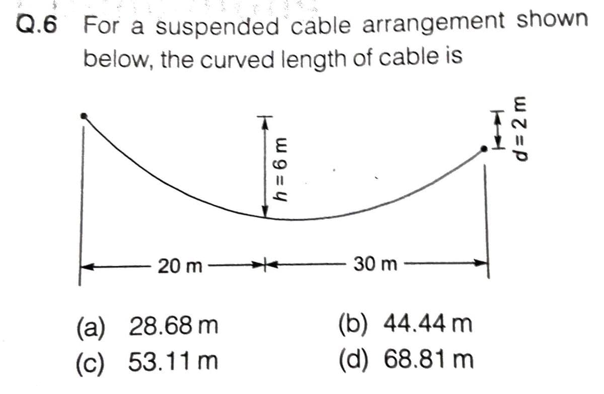 Q.6 For a suspended cable arrangement shown
below, the curved length of cable is
20 m -
30 m
(b) 44.44 m
(a) 28.68 m
(c) 53.11 m
(d) 68.81 m
h = 6 m
d3 2 m
