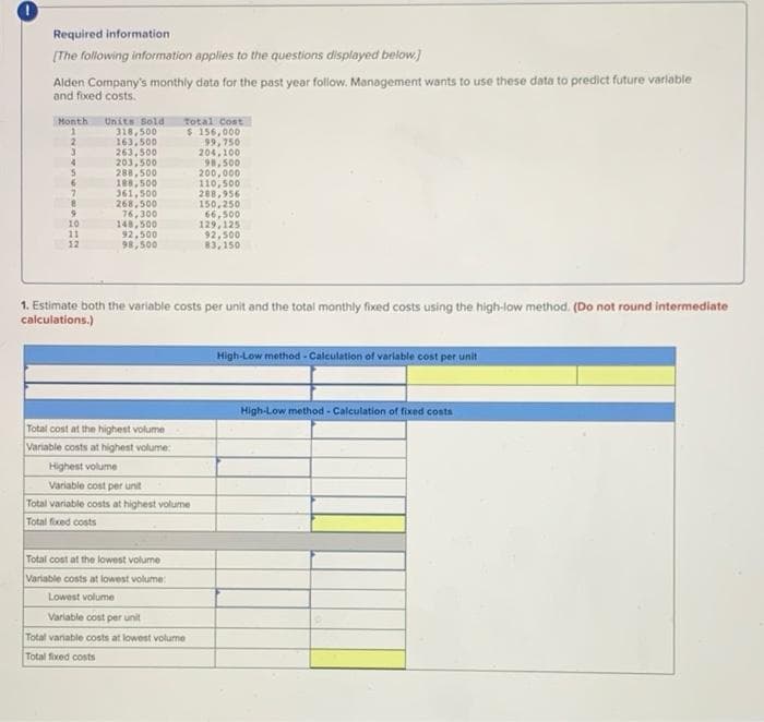 Required information
[The following information applies to the questions displayed below.)
Alden Company's monthly data for the past year follow. Management wants to use these data to predict future varlable
and fixed costs.
Units Sold
318,500
163,500
263,500
203,500
288,500
188,500
361,500
268,500
76,300
148,500
92,500
98,500
Month
Total Cost
$ 156.000
99,750
204,100
98,500
200, 0০0
110,500
288,956
150,250
66,500
129,125
92,500
83,150
2.
10
11
12
1. Estimate both the variable costs per unit and the total monthly fixed costs using the high-low method. (Do not round intermediate
calculations.)
High-Low method - Calculation of varlable cost per unit
High-Low method - Calculation of fixed costs
Total cost at the highest volume
Variable costs at highest volume:
Highest volume
Variable cost per unit
Total variable costs at highest volume
Total fixed costs
Total cost at the lowest volume
Variable costs at lowest volume:
Lowest volume
Variable cost per unit
Total variable costs at lowest volume
Total fixed costs
