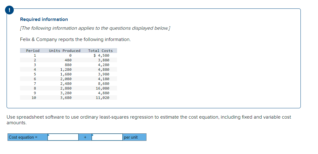 Required information
[The following information applies to the questions displayed below.]
Felix & Company reports the following information.
Period
Units Produced
Total Costs
$ 4,580
2
480
3,880
4,280
4,880
3,980
4,180
3
880
1,280
1,680
2,080
2,480
2,880
3,280
3,680
4
8,680
16,080
4,880
8
9
10
11,020
Use spreadsheet software to use ordinary least-squares regression to estimate the cost equation, including fixed and variable cost
amounts.
Cost equation =
per unit
