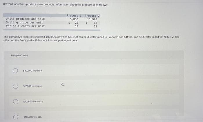 Brevard Industries produces two products. Information about the products is as follows:
Product 1 Product 2
5,850
Units produced and sold
Selling price per unit
Variable costs per unit
11,900
18
13
20
14
The company's fixed costs totaled $B9,000, of which $16,900 can be directiy traced to Product 1 and $41.900 can be directly traced to Product 2. The
effect on the firm's profits if Product 2 is dropped would be a:
Multiple Cholce
$42.600 increase.
$17,600 decrease,
$42,600 decrease.
S17600 increase.
