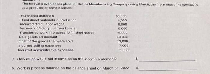 The following events took place for Collins Manufacturing Company during March, the first month of its operations
as a producer of camera lenses:
Purchased materials
$6,000
Used direct materials in production
Incurred direct labor wages
Incurred of factory overhead costs
Transferred work in process to finished goods
Sold goods on account
Cost of the goods that were sold
Incurred selling expenses
4,000
8,000
9,000
16,000
30,000
13,000
7,000
3,000
Incurred administrative expenses
a. How much would net income be on the income statement?
b. Work in process balance on the balance sheet on March 31, 2022
%24
