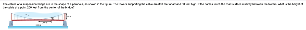 The cables of a suspension bridge are in the shape of a parabola, as shown in the figure. The towers supporting the cable are 800 feet apart and 80 feet high. If the cables touch the road surface midway between the towers, what is the height of
the cable at a point 200 feet from the center of the bridge?
80 ft
200 ft
800 f
