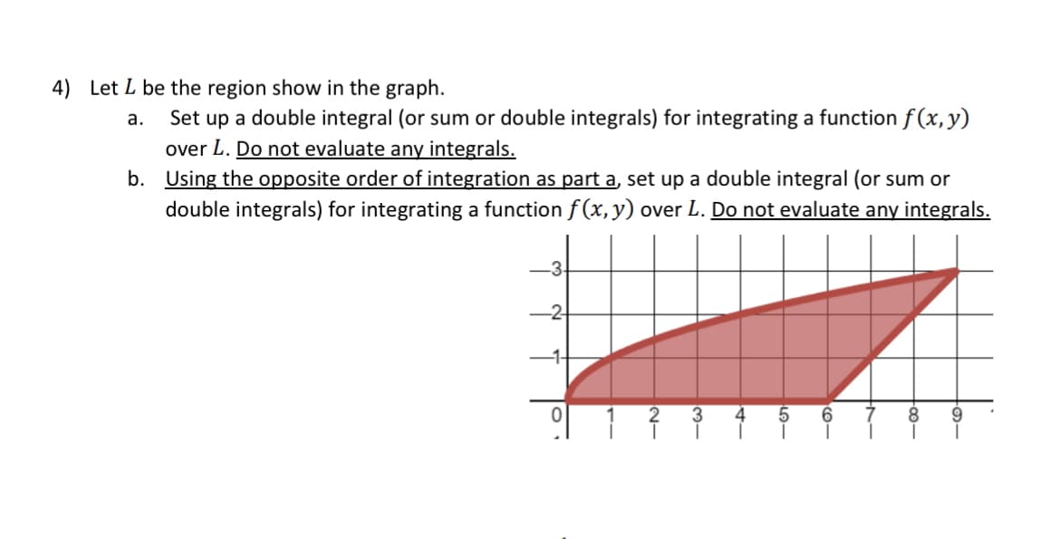 4) Let L be the region show in the graph.
a.
Set up a double integral (or sum or double integrals) for integrating a function f(x, y)
over L. Do not evaluate any integrals.
b. Using the opposite order of integration as part a, set up a double integral (or sum or
double integrals) for integrating a function f(x, y) over L. Do not evaluate any integrals.
-3-
-2
이 1
21
31