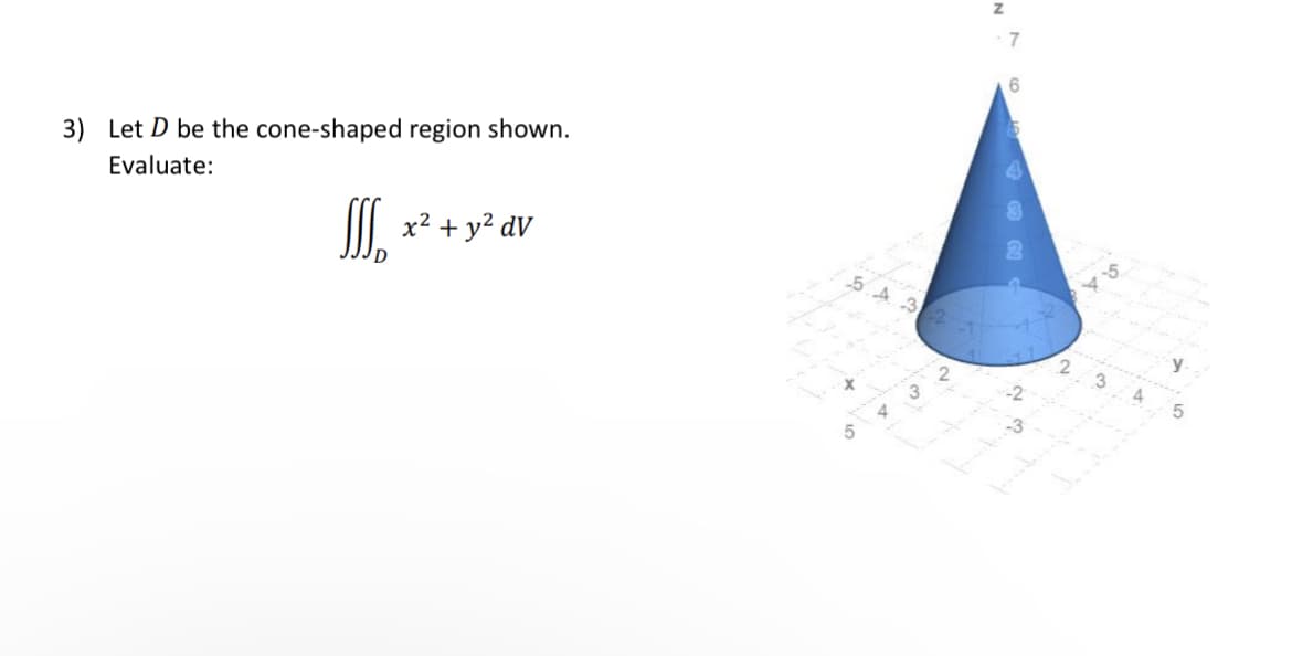 3) Let D be the cone-shaped region shown.
Evaluate:
J x² + y² dv
+
5
4
3
2
7
6
2
45
3
5