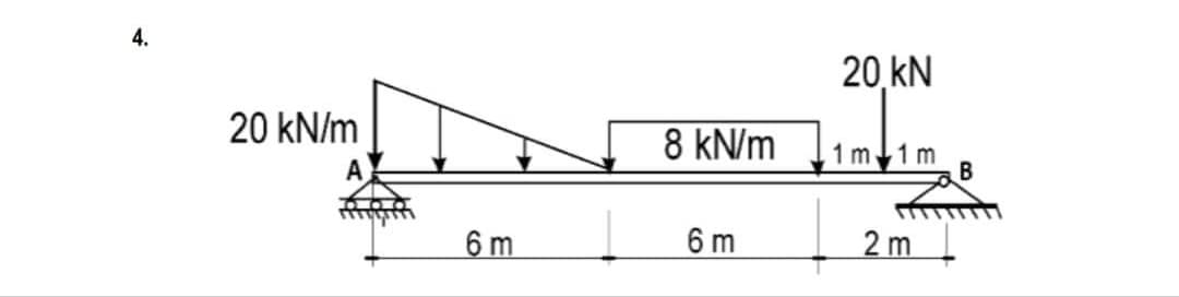 4.
20 kN/m
6 m
8 kN/m
6 m
20 KN
1m 1m
2 m
B