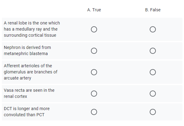 A. True
B. False
A renal lobe is the one which
has a medullary ray and the
surrounding cortical tissue
Nephron is derived from
metanephric blastema
Afferent arterioles of the
glomerulus are branches of
arcuate artery
Vasa recta are seen in the
renal cortex
DCT is longer and more
convoluted than PCT
