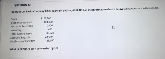 QUESTION 13
Bahrain Car Parks Company B.S.C. (Bahrain Bourse, #CPARK) has the information shown below (all numbers are in thousands):
Sales
$122,800
Cost of Goods Sold
104,380
Accounts Receivable
10,900
Inventory
Total current assets
1,420
38,820
Accounts Payable
Total current liabilities
22,640
23,640
What is CPARK 's cash conversion cycle?
