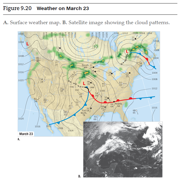 Figure 9.20 Weather on March 23
A. Surface weather map. B. Satellite image showing the cloud patterns.
1000,
1016 1012
1008 1004 1004
23
16
1008
1004
1008
1008
1000
1004
150
14
38
34
1012-
Duluth, 31
MN 24
34-
1016
28
1004
1008
34,
18
1020-
46,
L 36
370
34
45
37
996
988
1012
210
14
992
430
28
1000
540
49
55
34
50.
16
56,
49
50
23
66 Atlanta,
GA
68.
65,
64
25
1016
70
Fort 64
Worth,
TX
55
30
68Q
65
700
1020
66
1616
1012
1008
1004
March 23
A.
В.
0001
800I-
1012
25
1016
1020
1024
1028
1032
1036
1036
-1032
1028
1024
1020
