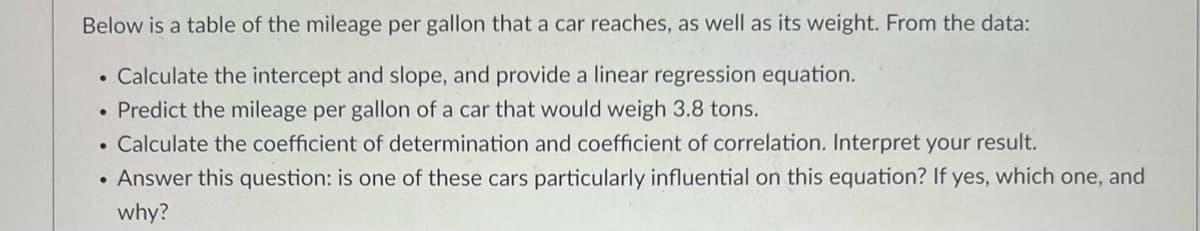 Below is a table of the mileage per gallon that a car reaches, as well as its weight. From the data:
Calculate the intercept and slope, and provide a linear regression equation.
Predict the mileage per gallon of a car that would weigh 3.8 tons.
Calculate the coefficient of determination and coefficient of correlation. Interpret your result.
Answer this question: is one of these cars particularly influential on this equation? If yes, which one, and
why?
