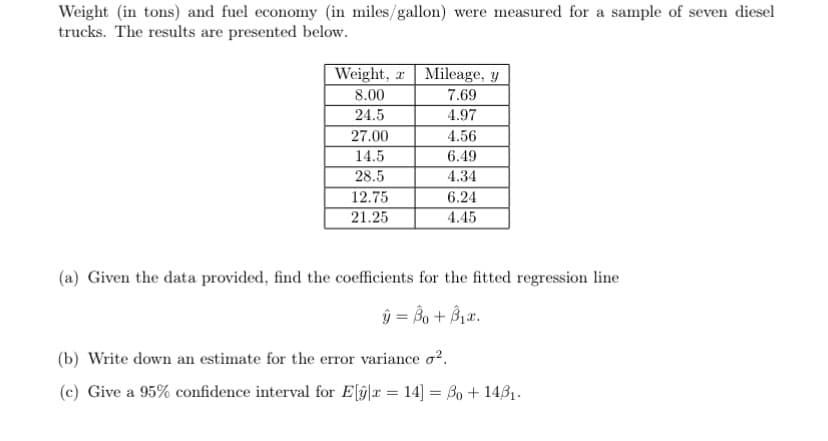 Weight (in tons) and fuel economy (in miles/gallon) were measured for a sample of seven diesel
trucks. The results are presented below.
Weight, a
8.00
24.5
27.00
14.5
28.5
12.75
21.25
Mileage, y
7.69
4.97
4.56
6.49
4.34
6.24
4.45
(a) Given the data provided, find the coefficients for the fitted regression line
ý = Bot Bi
(b) Write down an estimate for the error variance ².
(c) Give a 95% confidence interval for E[y|x = 14] = 0+148₁.