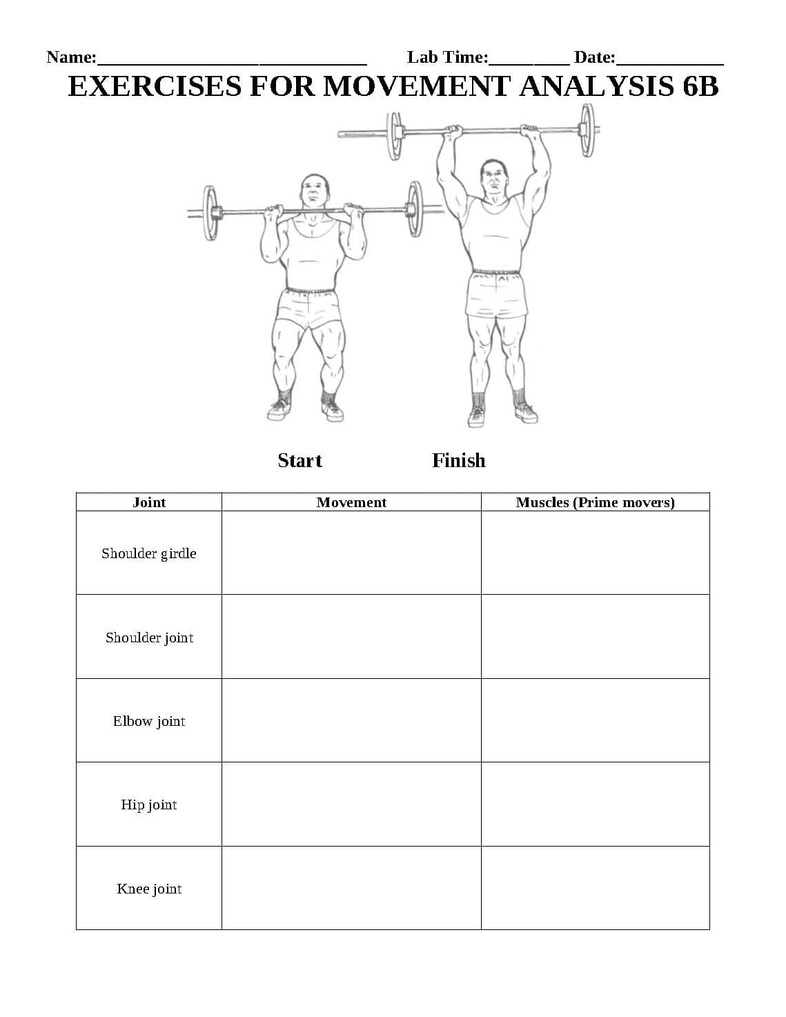 Name:
Lab Time:
Date:
EXERCISES FOR MOVEMENT ANALYSIS 6B
Start
Finish
Joint
Movement
Muscles (Prime movers)
Shoulder girdle
Shoulder joint
Elbow joint
Hip joint
Knee joint
