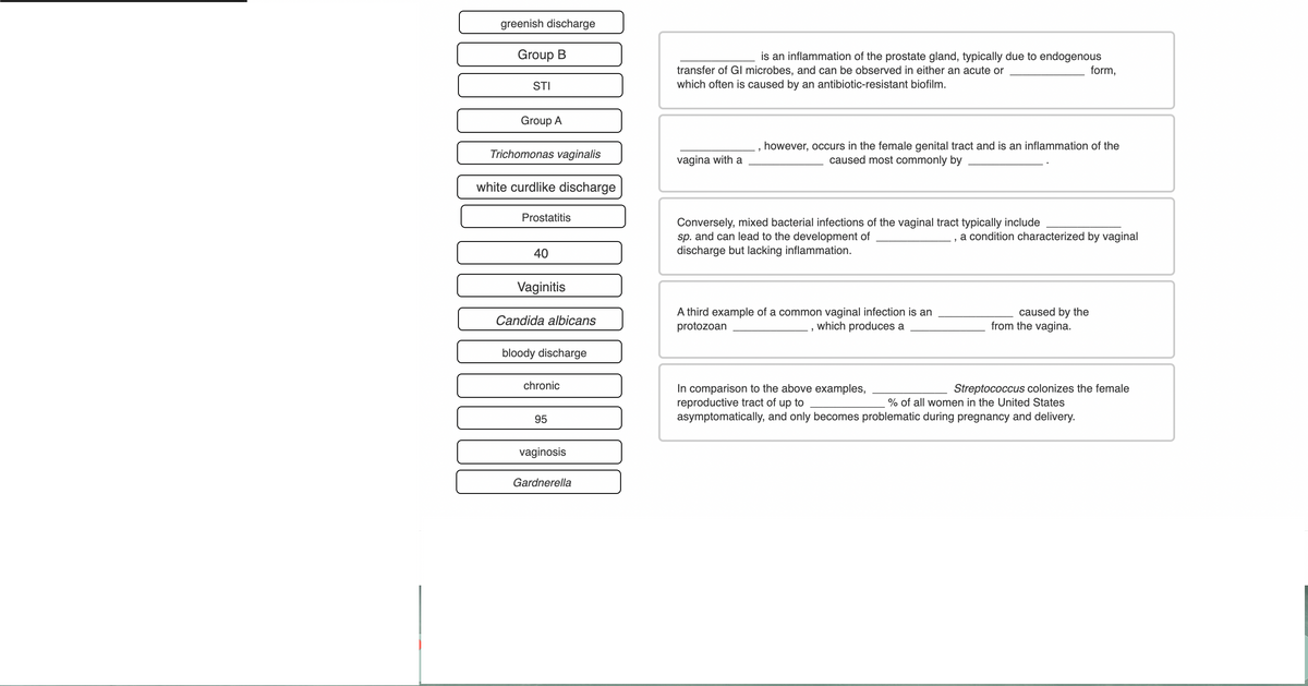 greenish discharge
Group B
is an inflammation of the prostate gland, typically due to endogenous
form,
transfer of Gl microbes, and can be observed in either an acute or
which often is caused by an antibiotic-resistant biofilm.
STI
Group A
however, occurs in the female genital tract and is an inflammation of the
Trichomonas vaginalis
vagina with a
caused most commonly by
white curdlike discharge
Prostatitis
Conversely, mixed bacterial infections of the vaginal tract typically include
sp. and can lead to the development of
discharge but lacking inflammation.
a condition characterized by vaginal
40
Vaginitis
A third example of a common vaginal infection is an
protozoan
caused by the
from the vagina.
Candida albicans
which produces a
bloody discharge
chronic
In comparison to the above examples,
reproductive tract of up to
asymptomatically, and only becomes problematic during pregnancy and delivery.
Streptococcus colonizes the female
% of all women in the United States
95
vaginosis
Gardnerella
