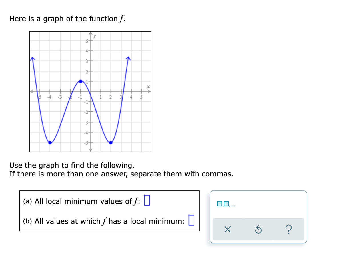 Here is a graph of the function f.
4+
3+
-1-
-2-
-3+
-4+
Use the graph to find the following.
If there is more than one answer, separate them with commas.
(a) All local minimum values of f: |
0,0,..
(b) All values at which f has a local minimum:
