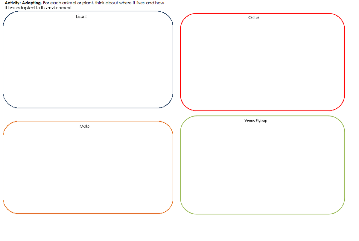 Activity: Adapting. For each animal or plant, think about where it lives and how
il has adapled lo ils environmenl.
Lizard
Cactus
Venus Flytrap
Molo
